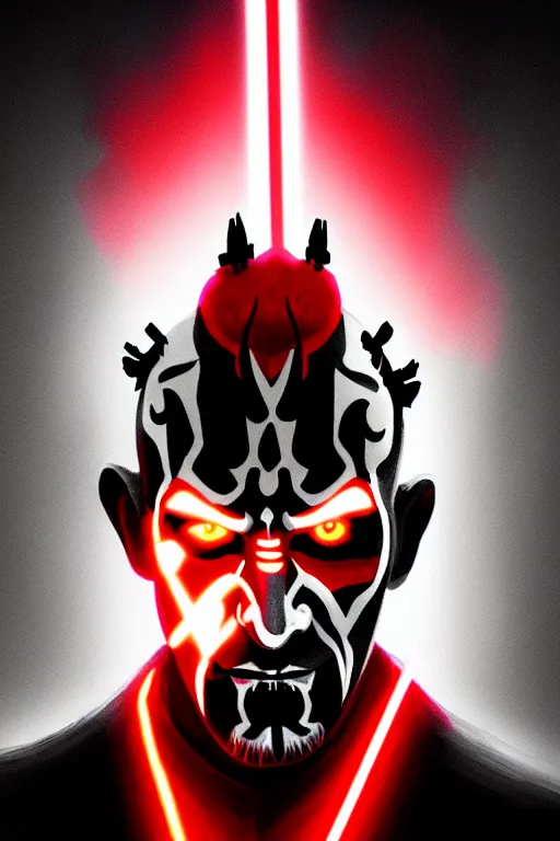Prompt: a portrait of the darth maul from star wars, neon, cyberpunk, short beard, high - contrast, intricate, elegant, highly detailed, digital painting, artstation, concept art, smooth, sharp focus, illustration
