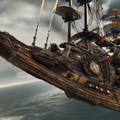 Image similar to futuristic metal pirate ship with guns and rockets , highly detailed, 4k, HDR, smooth, sharp focus, hyper realistic, high resolution