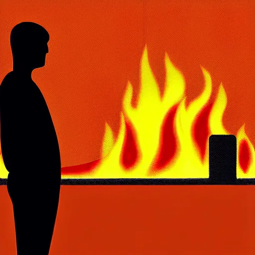 Image similar to a software developer is looking at his computer. Fire in the background. he is fine with it. digital art