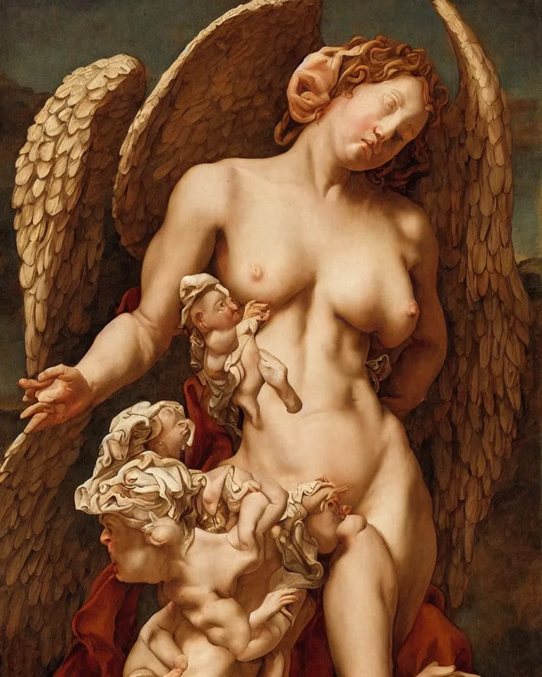 Image similar to ! dream a renaissance baroque painting of an anatomically correct woman angel by aj hamilton