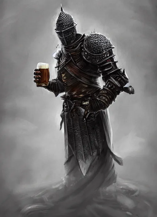 Prompt: knight drinks beer in two hands, beer, glass, beer mug in hand, intricate, triumphantly, fog, full body art, dark souls, drawing, concept art, artstation