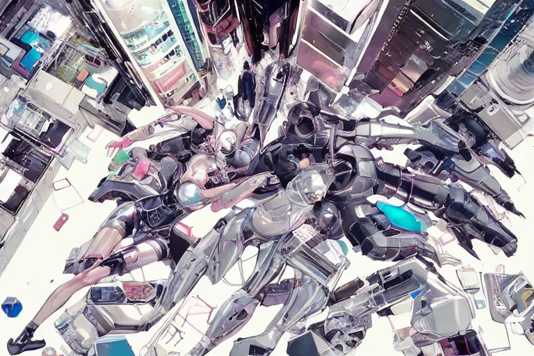 Image similar to a finely composed cyberpunk illustration of a group of white female androids' in style of hajime sorayama, lying scattered over an abstract, empty, white floor, by masamune shirow and katsuhiro otomo, hyper-detailed, colorful, view from above, wide angle, close up, spacious