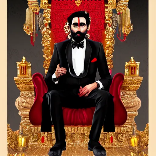 Prompt: the king of india sitting on a throne wearing a black suit and a red fez, detailed masculine face with red lips, black eyes and large forehead, detailed body, moody atmosphere, digital art, highly detailed, high contrast, beautiful lighting, award winning, trending on art station, photorealistic, 8 k,