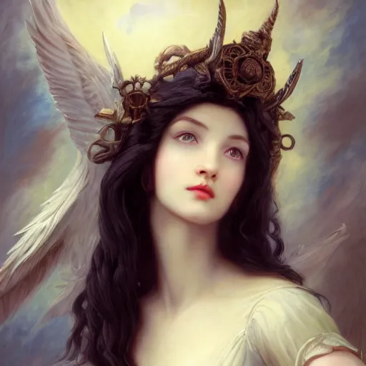 Image similar to a fantasy comic book style portrait painting of a beautiful woman with pale skin and long black hair, mystical valkyrie, francois boucher, oil painting, unreal 5, hyperrealistic, octane render, regal, refined, detailed digital art, rpg portrait, william - adolphe bouguereau, michael cheval, walt disney, steampunk, dynamic lighting, highly detailed, unreal engine