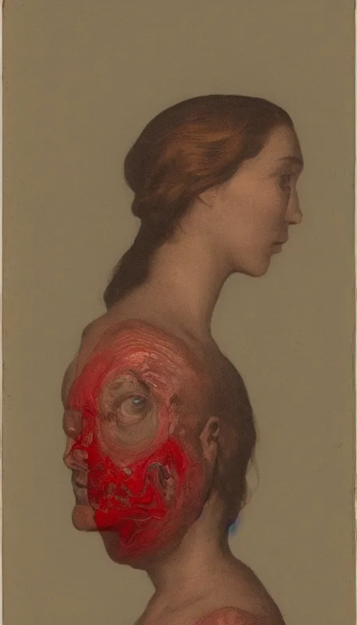 Image similar to a woman's face in profile, with white carapace plates extruding from the skin and red kintsurugi, in the style of the dutch masters and gregory crewdson, dark and moody