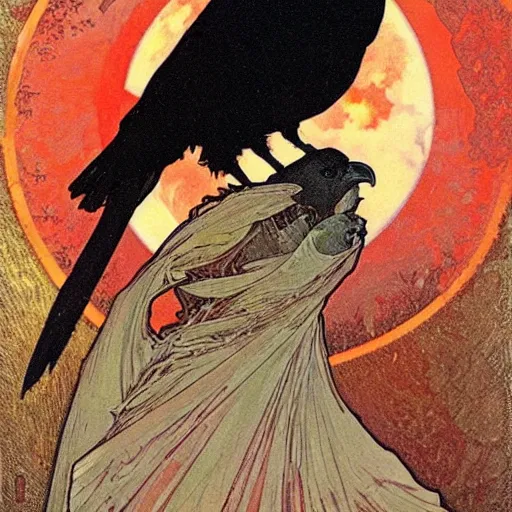Image similar to a raven in front of a red moon by alphonse mucha