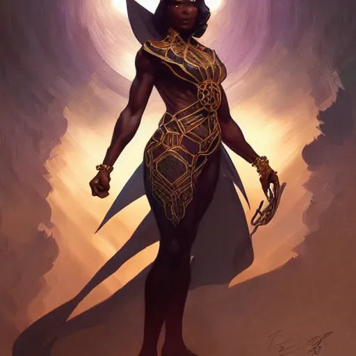 Image similar to african superhero, d & d, fantasy, intricate, elegant, highly detailed, digital painting, artstation, concept art, smooth, sharp focus, illustration, art by artgerm and greg rutkowski and alphonse mucha