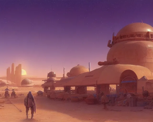 Prompt: painting of an establishing wide shot of the town center of mos eisley tatooine, by gaston bussiere, craig mullins, j. c. leyendecker, studio ghibli, makoto shinkai, anime background key visual