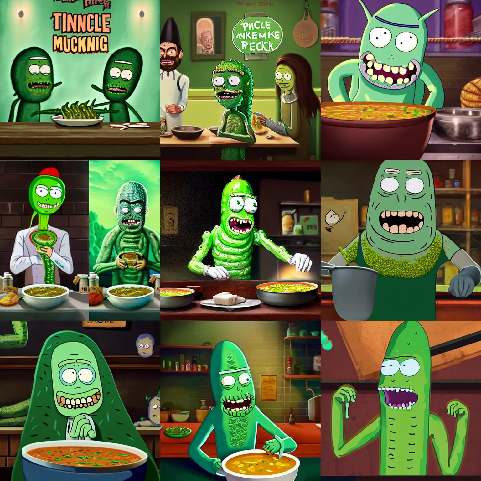 Prompt: pickle rick serving in a soup kitchen, pickle rick serving soup, kindness, detailed portrait, matte painting