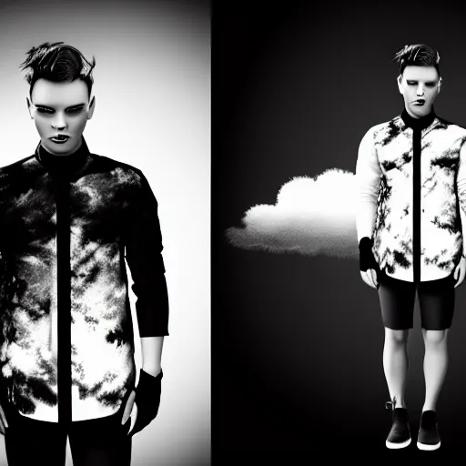 Prompt: a photoshoot of a new clothing line named narcissist, 8 k concept art, black and white, color splash, detailed, clouds, dark, grim, professional, cinematic lighting