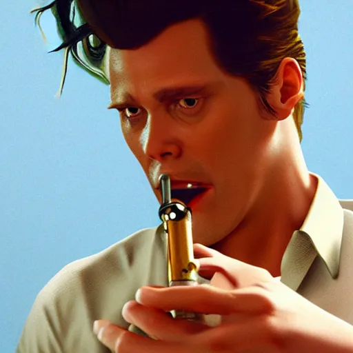 Image similar to hyperrealistic dslr film still of ace ventura pet detective smoking a crack pipe, stunning 8 k octane comprehensive 3 d render, inspired by istvan sandorfi & greg rutkowski & unreal engine, perfect symmetry, dim volumetric cinematic lighting, extremely hyper - detailed, extremely lifelike attributes & lifelike texture, intricate, masterpiece, artstation, stunning