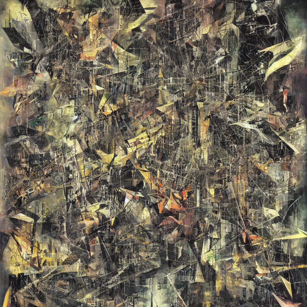 Image similar to digital birds fly over a progressively rasterized city of networks, oil on canvas by dave mckean and roberto matta