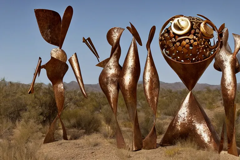 Image similar to surrealist metal sculptures by max ernst in a california desert landscape