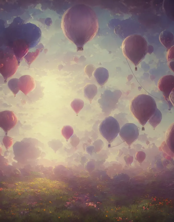 Prompt: bouquet of flowers as hot air balloons, environment concept art, daytime ethereal anime, high detail Impressionist style, dreamy light color palette, style of studio ghibli and moebius, concept art stunning atmosphere, trending on artstation, volumetric light