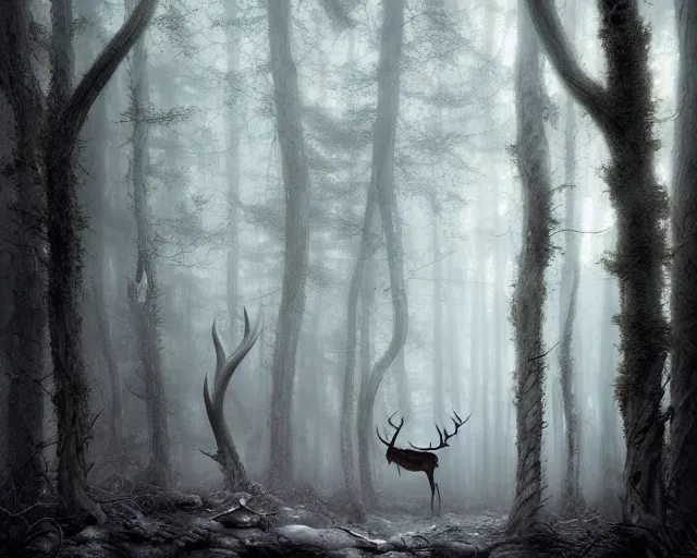 Image similar to 5 5 mm portrait photo of a man with pitch black skin, white eyes, and long antlers in a magical forest. magical atmosphere. art by greg rutkowski and luis royo. highly detailed 8 k. intricate. lifelike. soft light. nikon d 8 5 0.