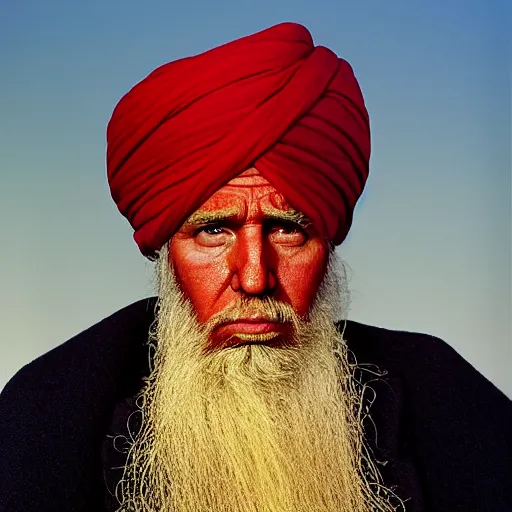 Image similar to portrait of president donald trump as afghan man, green eyes and red turban looking intently, photograph by steve mccurry