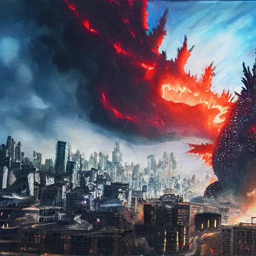 Prompt: oil painting of godzilla conquering e destroying a city, cinematic lighting