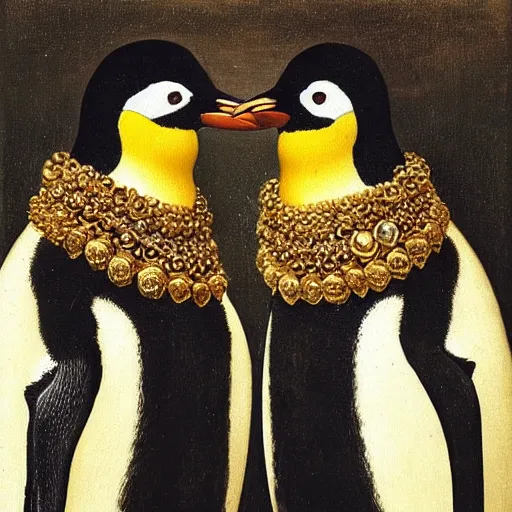 Image similar to portrait of two penguins wearing gold necklaces, oil painting by jan van eyck, northern renaissance art, oil on canvas, wet - on - wet technique, realistic, expressive emotions, intricate textures, illusionistic detail,