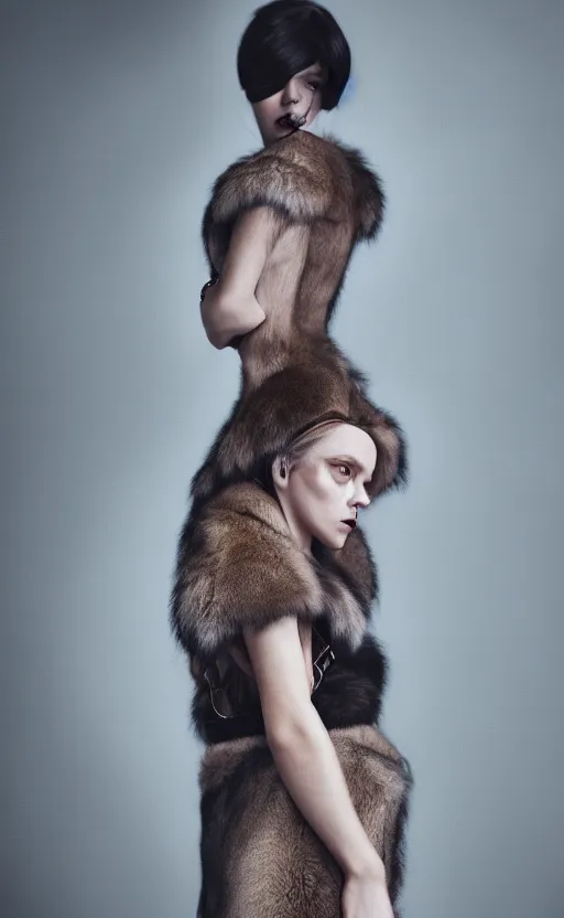 Image similar to a woman wearing an outfit inspired by raised by wolves ( 2 0 2 0 ), artistic photography, photorealistic, fashion photography, vogue magazine, 4 k, cinematic lighting