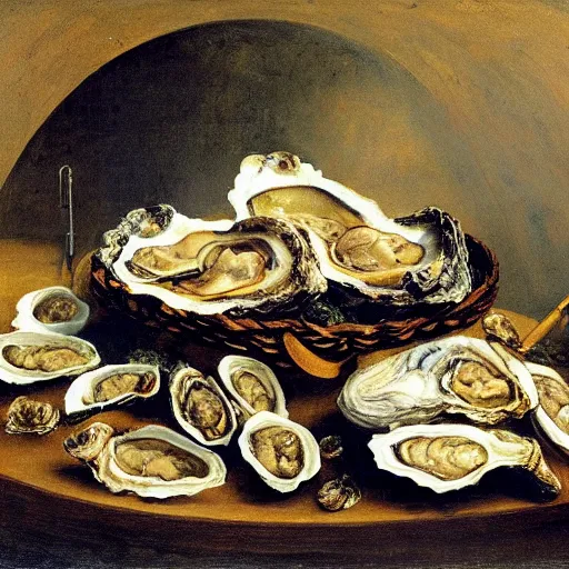 Prompt: cornucopia of oysters by dutch master painter