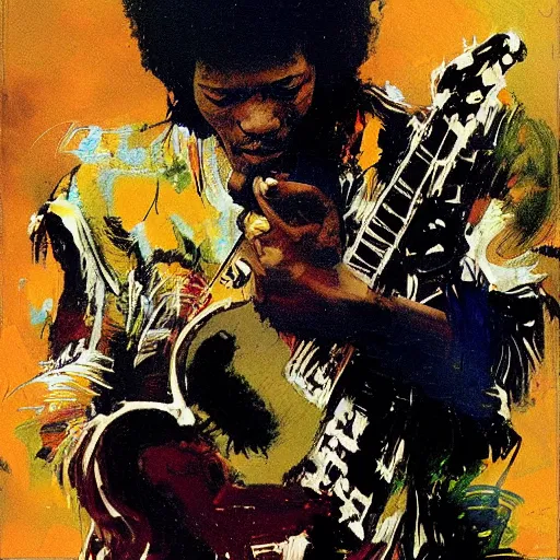 Prompt: Jimy Hendrix playing by Bill Sienkiewicz and Caravaggio