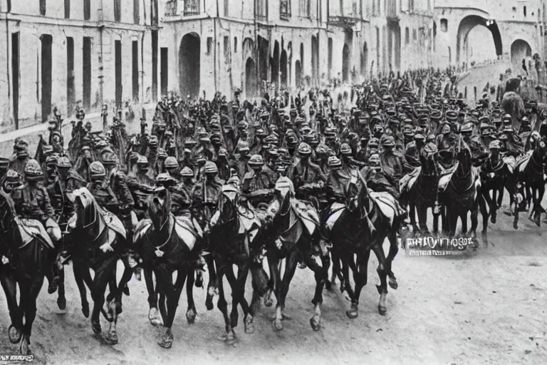 Image similar to a dozen ww 1 cavalrymen marching through italian - style city, 1 9 0 5, black and white photography