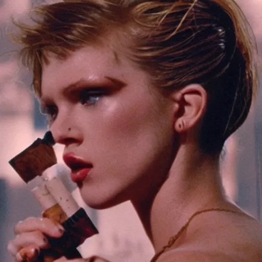 Prompt: tattoo of rachel from 1982 bladerunner smoking in tyrell's office