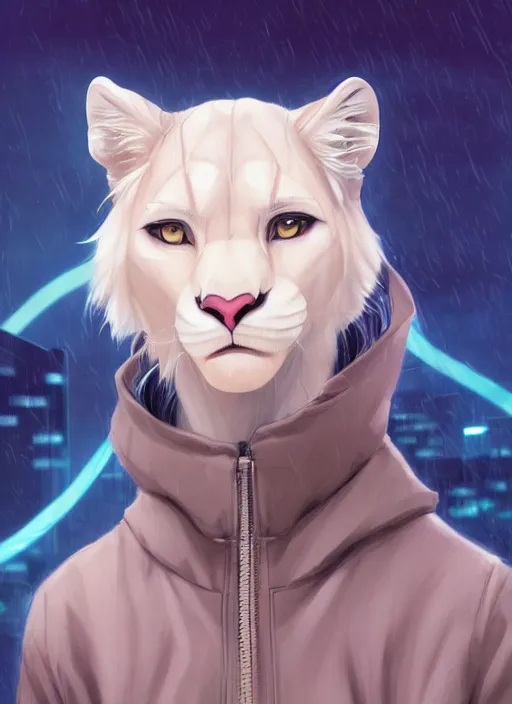 Image similar to award winning beautiful portrait commission of a male furry anthro albino mountain lion fursona with a tail and a cute beautiful attractive detailed furry face wearing stylish cyberpunk clothes in a cyberpunk city at night while it rains. Vaporwave. Character design by charlie bowater, ross tran, artgerm, and makoto shinkai, detailed, inked, western comic book art