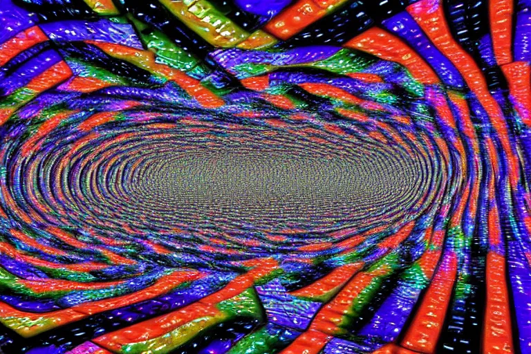 Image similar to matrix interlocking fractals showing crt televisions through an endless y 2 k cutecore lined tunnel, beautiful figure floating through, low - light photograph, in style of chrome hearts