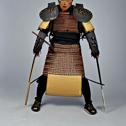Prompt: A samurai warrior with armor made of chameleon eyes