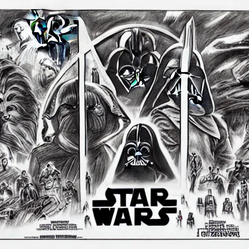 Prompt: Star Wars movie poster hand drawn by J.R.R. Tolkien
