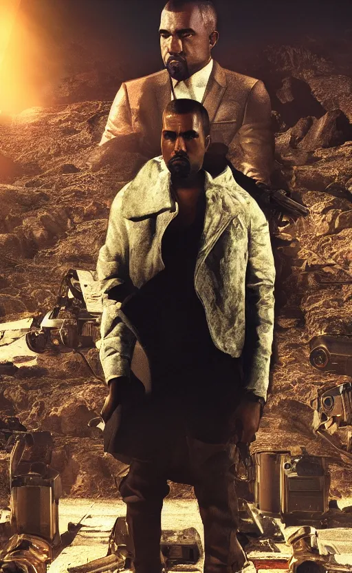 Image similar to Portrait of Kanye West as James Bond in Fallout New Vegas, splash art, movie still, cinematic lighting, dramatic, octane render, long lens, shallow depth of field, bokeh, anamorphic lens flare, 8k, hyper detailed, 35mm film grain