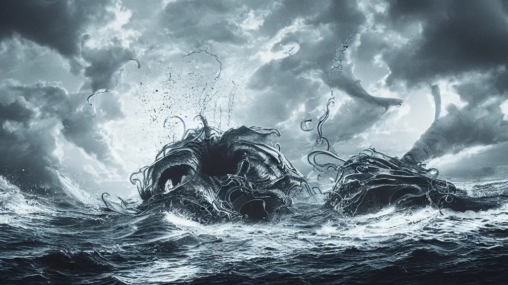 Prompt: a huge monster of the deep emerges out of the crashing waves to attack a small fishing boat, tentacles, horror, cinematic lighting, Technicolor, global illumination