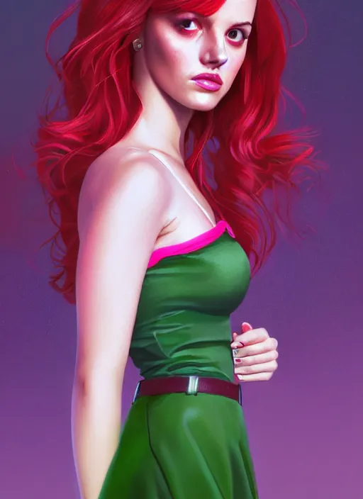 Image similar to full body portrait of teenage cheryl blossom, bangs, green eyes, sultry expression, red hair, sultry smirk, bangs and wavy hair, pink skirt, bangs, intricate, elegant, glowing lights, highly detailed, digital painting, artstation, concept art, smooth, sharp focus, illustration, art by wlop, mars ravelo and greg rutkowski