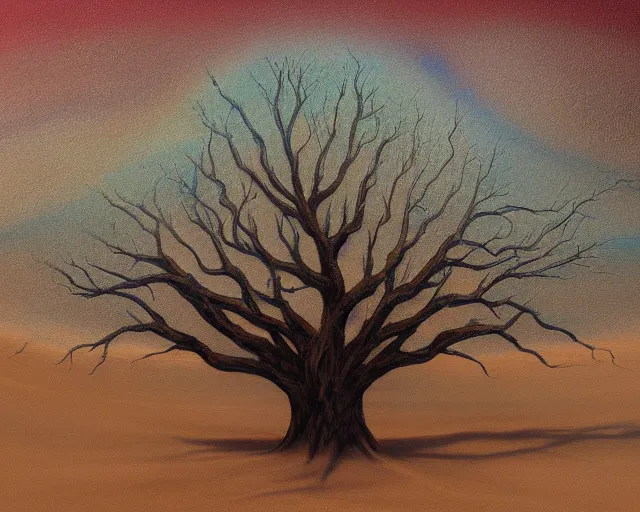 Image similar to a painting of a tree in the desert, an airbrush painting by breyten breytenbach, detailed sand pattern, cgsociety, neo - primitivism, airbrush art, dystopian art, apocalypse landscape