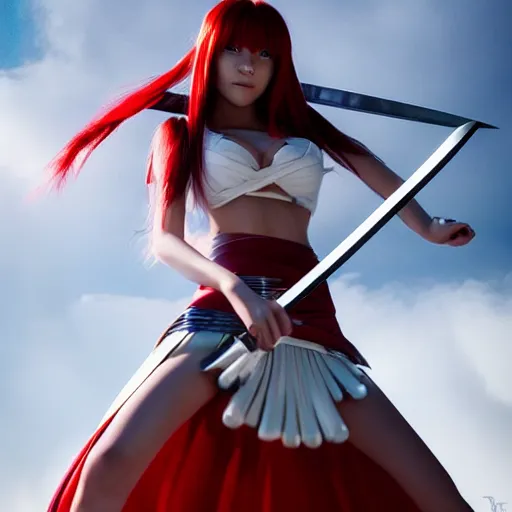 Image similar to dslr, beautiful erza scarlet fighting posing with a katana sword and wearing a skirt, portrait photo, real photo, real camera, extreme detailed face and body, high quality, moody lighting, fast paced lines, sharp quality, enchanting, 8 k