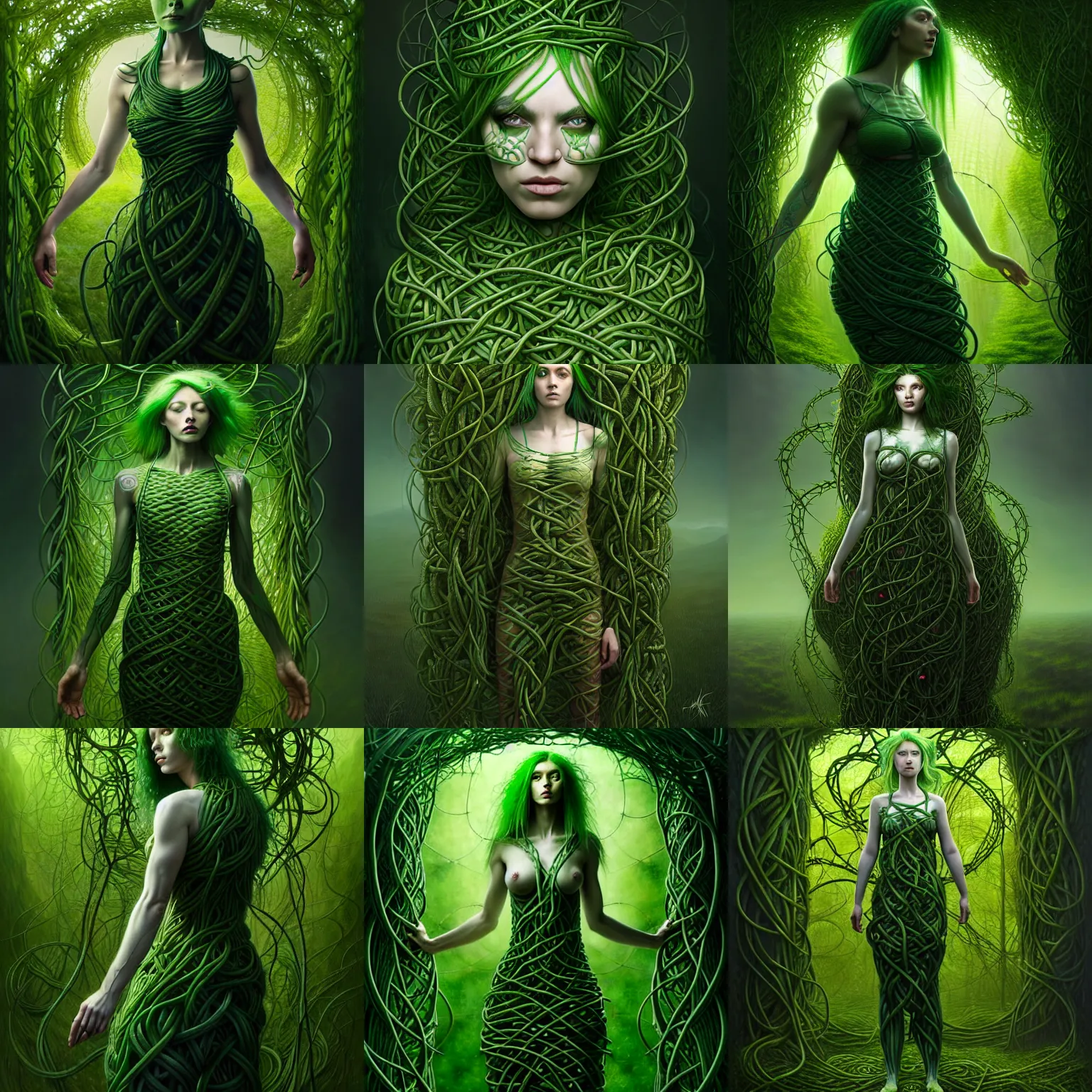 Prompt: a girl with green hair, wearing a dress made of vines, Full-body plan, ultra detailed, 8k, by Tomasz Alen Kopera and Peter Mohrbacher