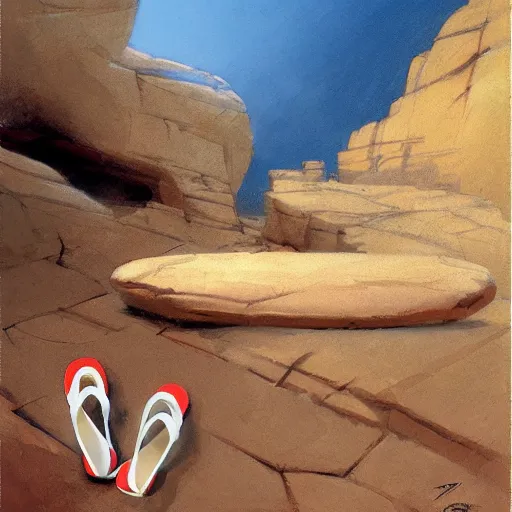 Prompt: a concept art of a pair of flip flops in the rocks, by Craig mullins, Steve Purcell, Ralph McQuarrie. Centered image, no background