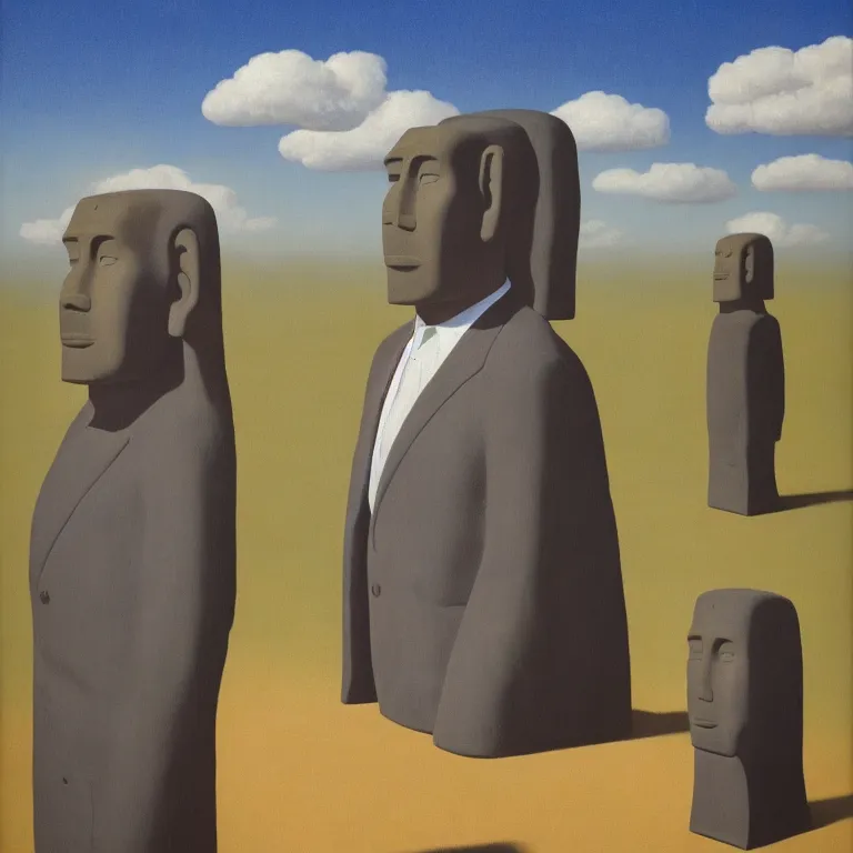 Prompt: portrait of a faceless moai - head man in a suit, clouds in the background, by rene magritte, detailed painting, distance, middle centered, hd, hq, high resolution, high detail, 4 k, 8 k