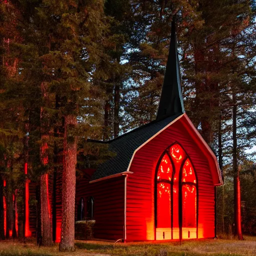 Image similar to photograph of a midwestern church at night with red light coming from the windows, ominous forest in the background