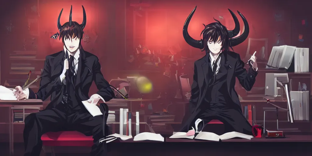 Image similar to dark lord sitting at desk large horns and suit, medium shot, portrait, semi realistic anime, red demon cyberpunk symbols