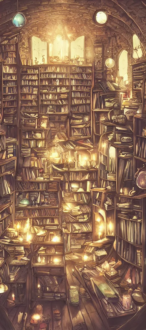 Prompt: the inside of an occult bookshop, potions, star charts, candles, knick knacks, ufotable studio art style, fantasy aesthetic, occult aesthetic, magic aesthetic, sunbeams, sparkles, wide angle