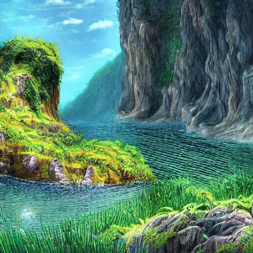 Prompt: digital art of a lush natural scene on an alien planet by dangiuz. beautiful landscape. weird vegetation. cliffs and water.