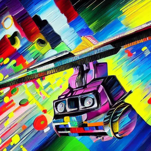 Prompt: very wet paint, pop wonder painting of a spaceship under construction industrial robotic automation factory automotive futuristic painting colorful vibe sparkle energy real paint splatters picasso kandinsky detailed 4 k deviantart artstation trending reddit station gas flying scifi