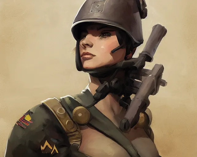 Image similar to portrait of a muscular female ww ii soldier in team fortress 2 style, epic, tragic, dark fantasy art, fantasy, pretty, hd shot, digital portrait, beautiful, artstation, comic style, by artgerm, guy denning, jakub rozalski, magali villeneuve and charlie bowater