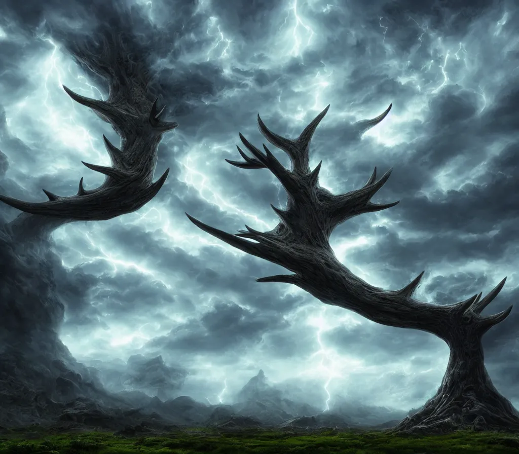 Prompt: a highly detailed matte painting of a colossal extremely broad - based stone antler tree shaped like a hand stretching to the heavens, plasma lightning and clouds, blue and green tones, ominous, foreboding, moody, hyperdetailed, 8 k hd, concept art, artstation, deviantart, cg society,