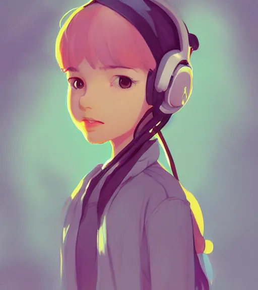 Image similar to beautiful little girl character inspired by 9 0's fashion and by madeline from celeste, art by rossdraws, wlop, ilya kuvshinov, artgem lau, sakimichan and makoto shinkai, concept art, headphones, anatomically correct, very coherent