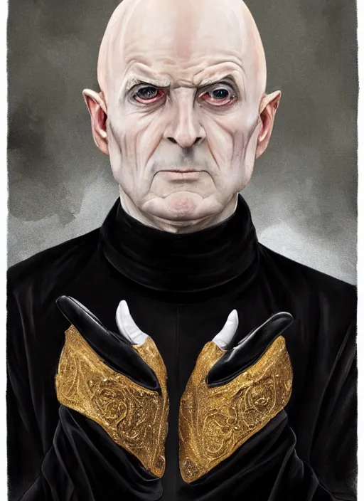 Image similar to a bald pale ninety year old sorcerer. stately and dour. eyeliner accentuates his sunken eyes. a high black turtleneck. opulent white golden red robe. white leather gloves with gold decoration, sharp focus, a downcast shadow, his hands crossed in front of his displeased face, illustration, digital painting, art by magali villeneuve