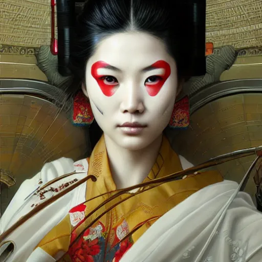 Image similar to portrait painting of an asian cyborg geisha, ultra realistic, concept art, intricate details, eerie, highly detailed, photorealistic, octane render, 8 k, unreal engine. art by artgerm and greg rutkowski and alphonse mucha