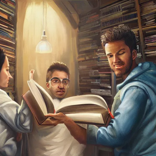 Image similar to a realistic painting of three male and one female characters emerging from inside a book, trending on artstation, detailed digital art